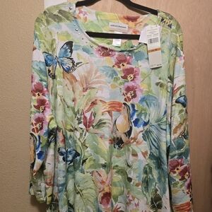Alfred Dunner Women's Floral and Butterfly Blouse - Green and Blue
